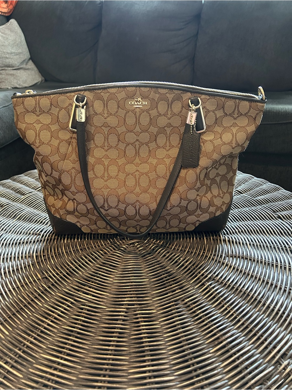 Coach Brown Signature Canvas Tote with Dark Brown Leather Trim